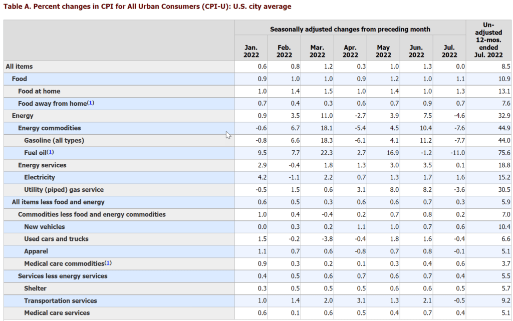 7월 소비자물가지수, CPI 8.5%로 시장이 안심하면서 증시가 폭등하다 2