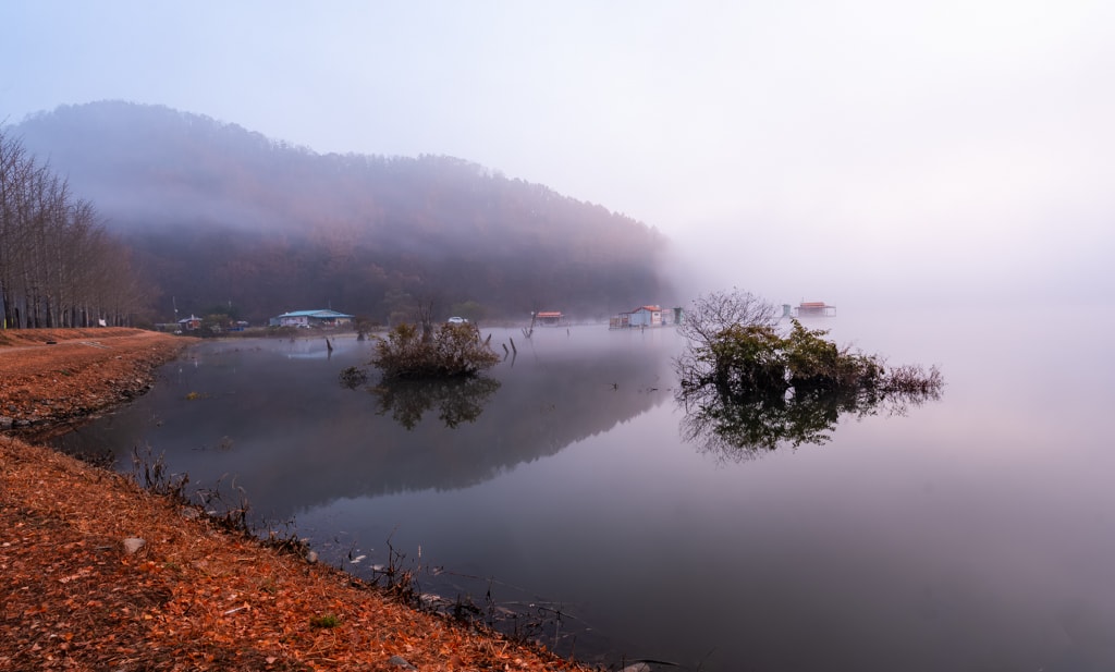문광저수지 안개, 안개 자욱한 문광저수지 풍경