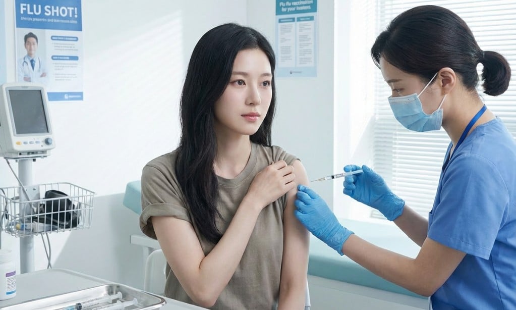 아름다운 여인이 병원에서 독감 예방 접종을 맞고 있는 모습, Photo by Firefly