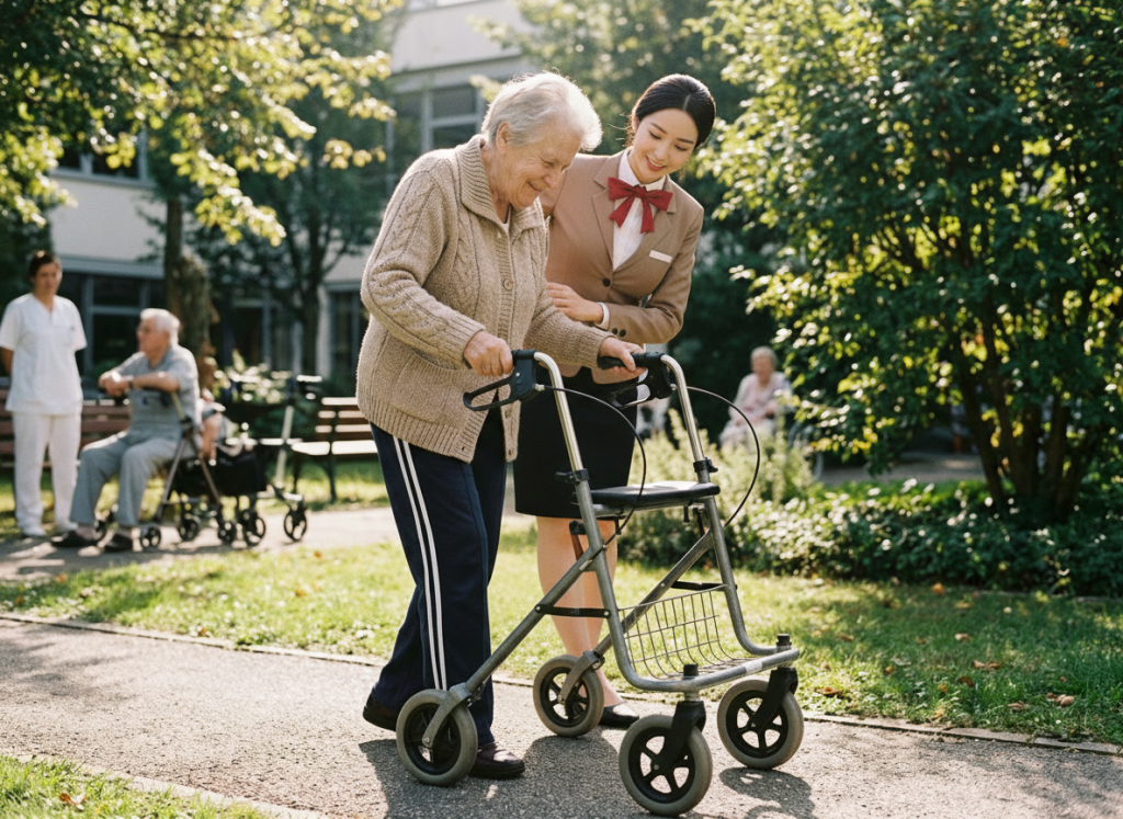 고관절 수술 관리 및 효도 아이템 추천 16 고관절 수술 후 재활과저에서 보행기에 의지해 걷는 어르신 모습, Photo by Firefly_Gemini Flash