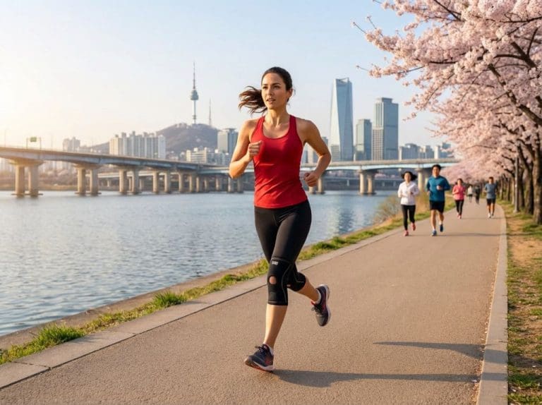 은퇴 생활 무릎 보호대 를 차고 한강변을 조깅하는 아름다운 여인의 모습 364613, Photo by Firefly_Gemini Flash