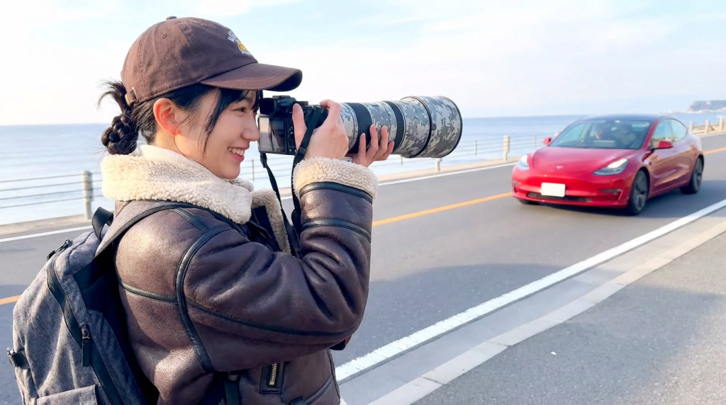달려오는 테슬라 자동차를 망원렌즈로 담고 있는 멋진 여성 사진가