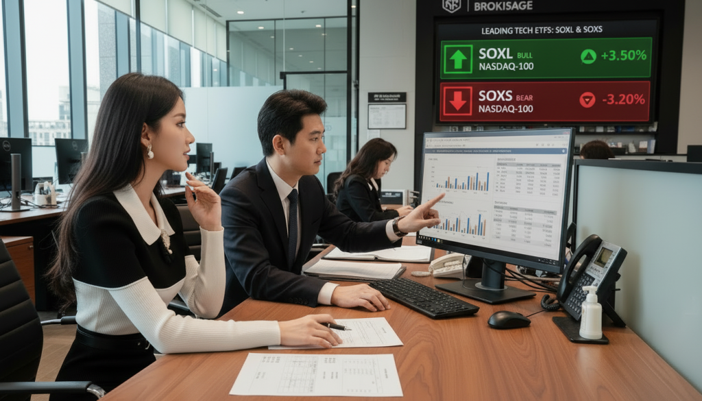 서학개미 필독! 레버리지 ETF,SOXL 장투가 위험한 수학적 이유와 안전한 대안 추천 1 증권사에서 레버리지 ETF, SOXL, SOXS 상담을 받고 있느 여인