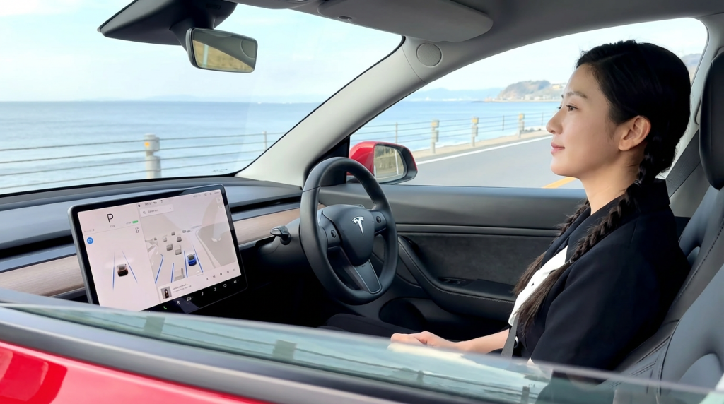 Firefly_Gemini Flash_빨간색 테슬라 자동차가 운전자 없이 자율주행으로 해변가 도로를 주행하는 모습