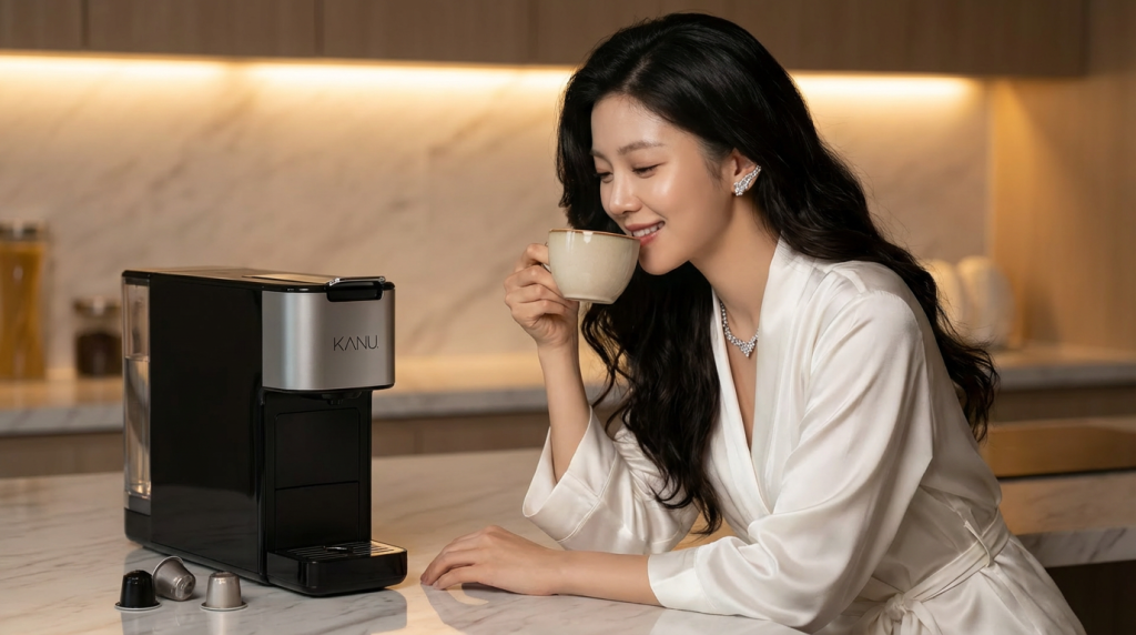 카누 캡슐 커피머신 솔직 리뷰: '네스프레소 호환' 가성비 끝판왕 (ft. 쿠팡 최저가 할인) 8 KANU 카누 캡슐 커피머신 옆에서 커피르 마시고 있느 여인02, Image by AI
