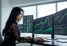 멋진 여인이 주식 차느 모니터를 바라보면 트레이딩하면서 승리으 미소를 짓는 모습, Photo by Firefly_Gemini Flash