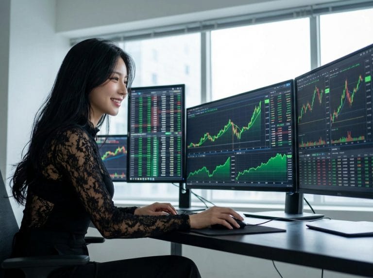 멋진 여인이 주식 차느 모니터를 바라보면 트레이딩하면서 승리으 미소를 짓는 모습, Photo by Firefly_Gemini Flash