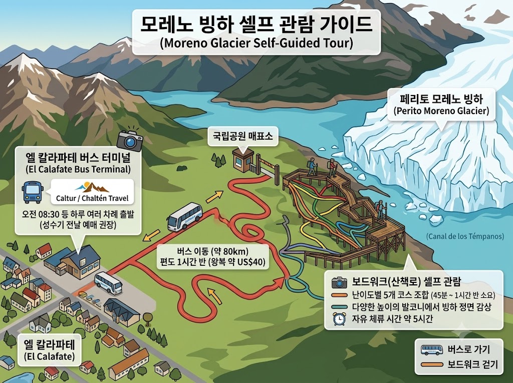 남미 여행, 페리토 모레노 빙하 셀프 관람 가이드맵 Photo by AI