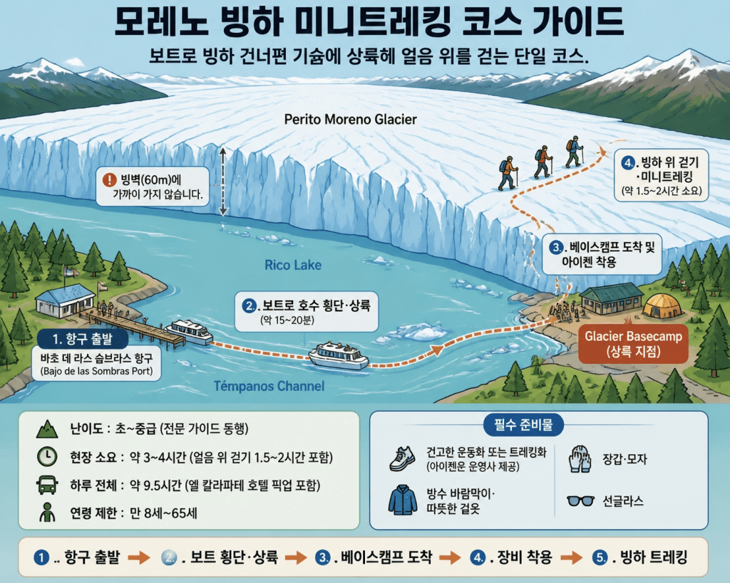 남미 여행, 모레노 빙하 미니 트레킹 코스 가이드맵, Photo by AI
