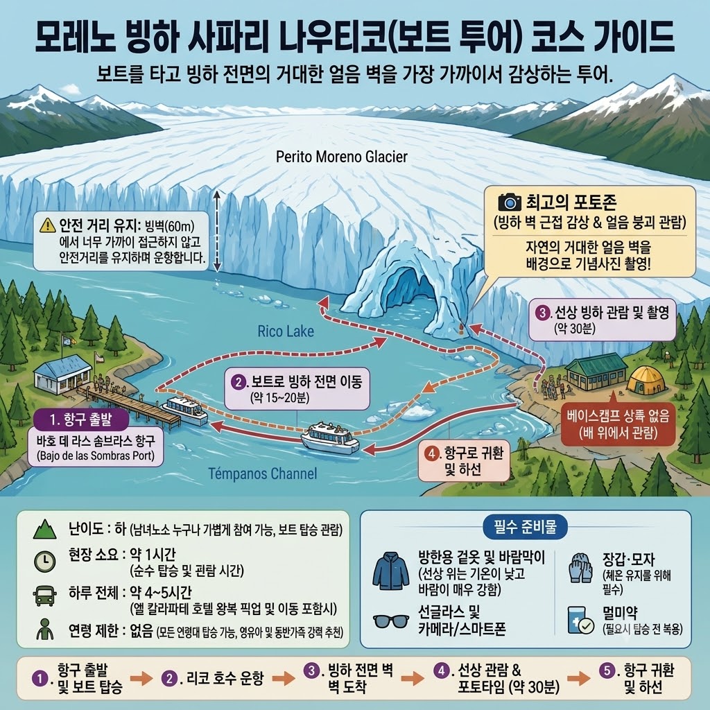 남미 여행, 모레노 빙하 사파리 나우티코(보트) 코스맵, Photo by AI