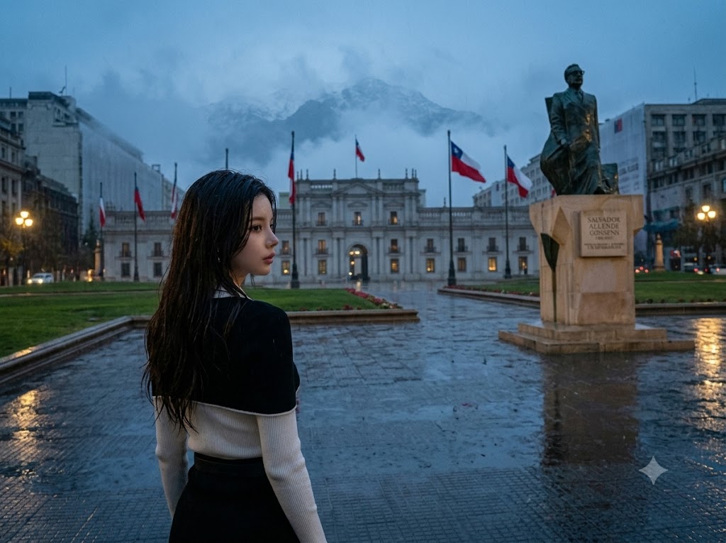 남미 여행, 비에 젖은 라 모네다 앞 헌법 광장(Plaza de la Constitución)과 아옌데 동상. 이 장면은 실제 여행 사진이 아니라 글의 정서를 위해 만든 이미지다.서,Photo by AI