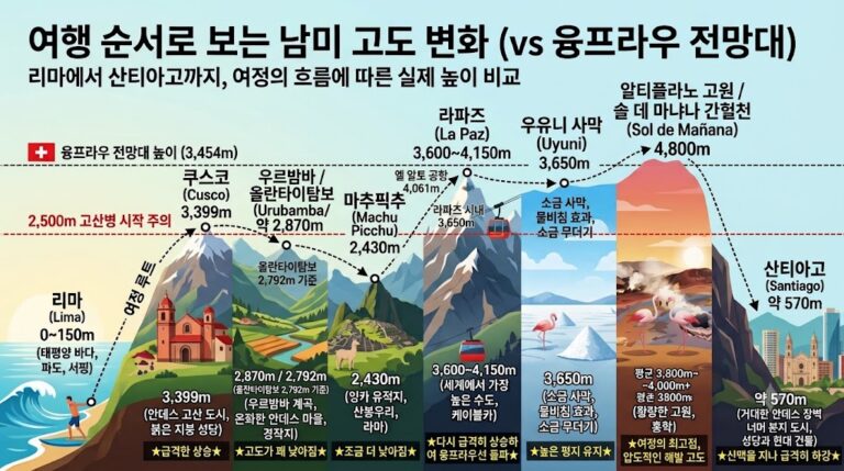 남미 여행, 여행 순서로 보는 남미 고도 변화 수정, 융프라우와 비교, Photo by AI