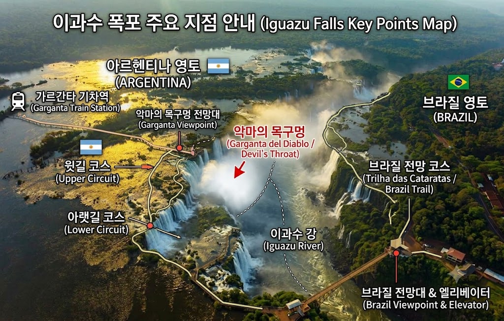 아르헨티나 vs 브라질, 이과수 폭포 코스 완벽 비교 (악마의 목구멍 코스 추천 및 일정별 추천) 2 남미여행, 이과수, 이과수 폭포 여행, 항공뷰로 정리한 이과수 폭포 주요 지점 안내도 Photo by AI