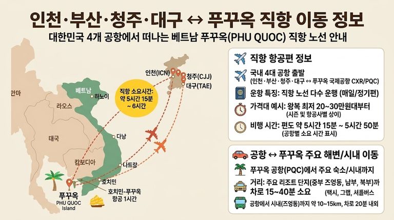 베트남 푸꾸옥 여행, 푸꾸옥 직항 총정리, 인천, 부산, 대구, 청주에서 푸꾸옥 직항 이동 - 이미지 by AI